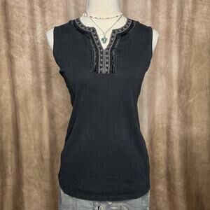 Vintage Y2K Sleeveless Embroidered Notch Neck Shirt Black Whimsigoth Peasant